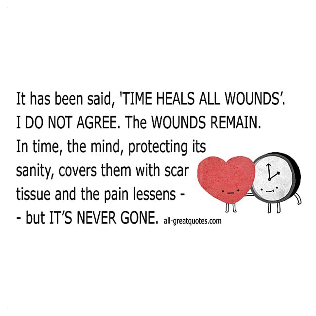 Grief picture quote saying it has been said that time heals all wounds.