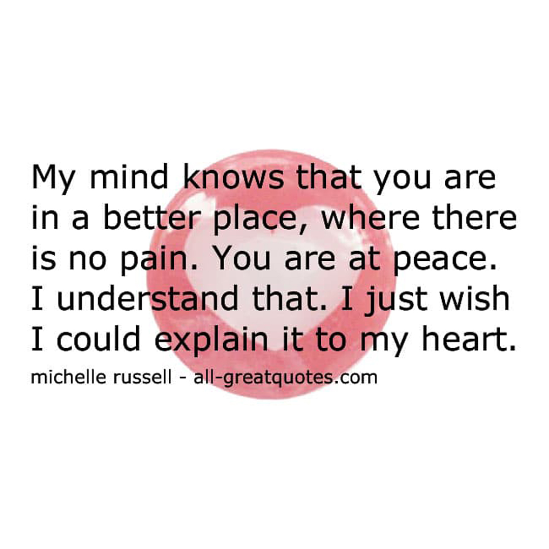Grief quote pic saying my mind knows that you are in a better place.